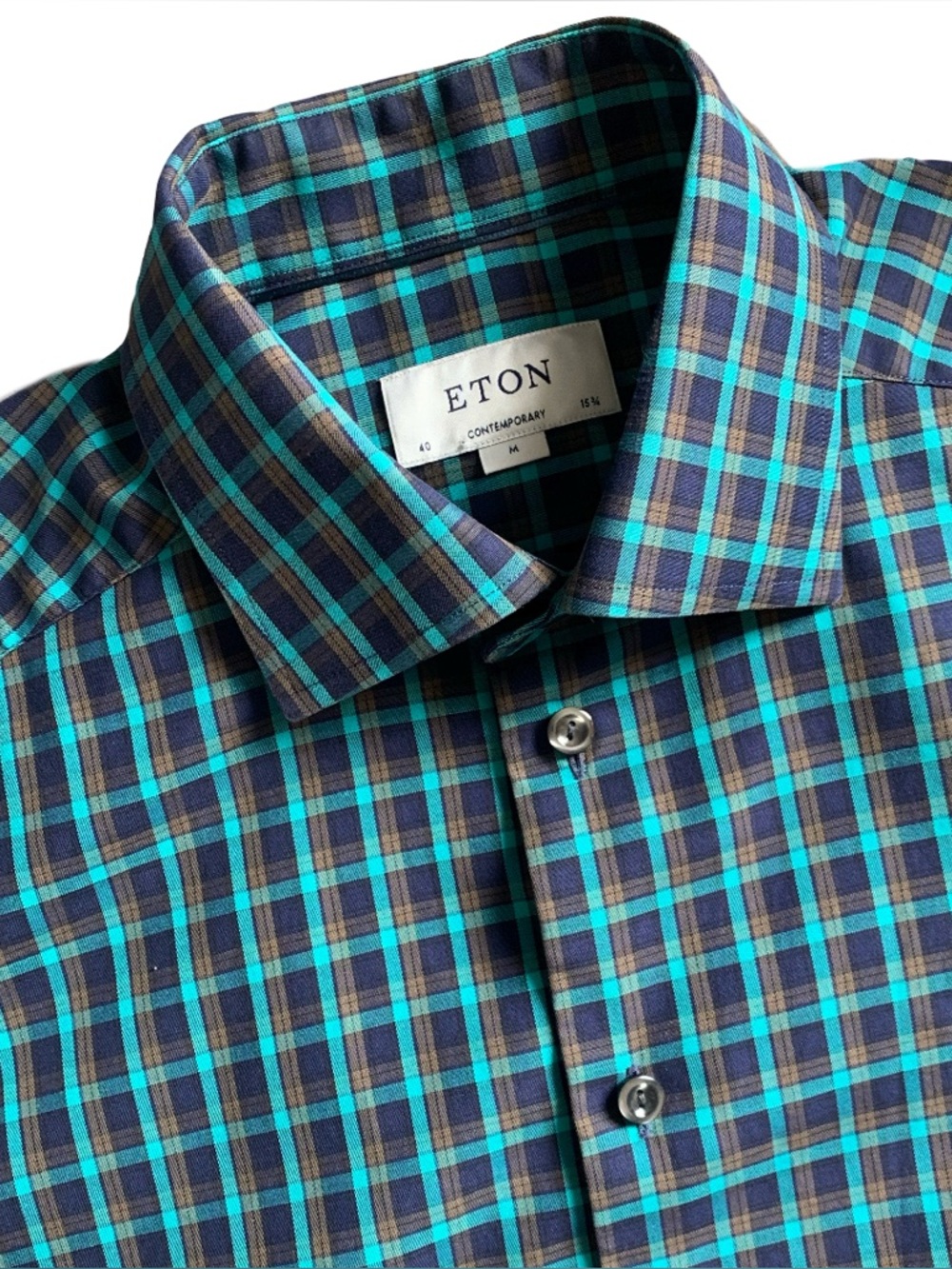 Eton Plaid Contemporary Fit Button Up Long Sleeve Dress Shirt Size 15 3/4